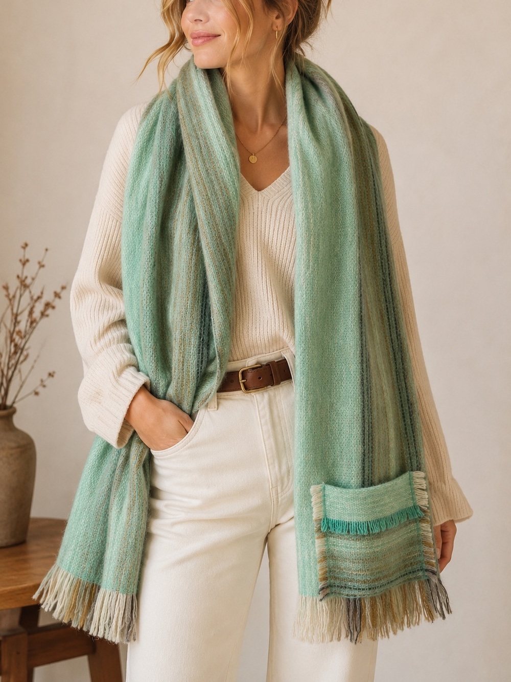 Ateljé Carding Bjursås Handwoven Mohair Blend Fringe Scarf Shawl Mint Green 64”
